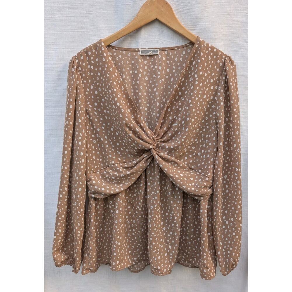 Pleione Women's Front Twist Tunic Blouse Sz Large Brown Polka Dot Balloon Sleeve